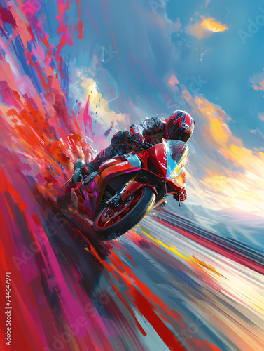 Illustration d'un pilote sur une belle moto sur une route photo