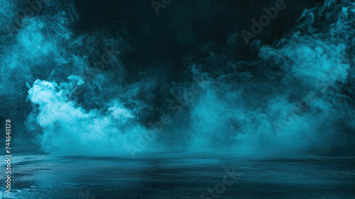 Abstract image of dark room concrete floor. Black room or stage background for product placement. Panoramic view of the abstract fog. White cloudiness, mist or smog moves on black background.