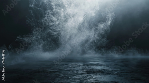 Abstract image of dark room concrete floor. Black room or stage background for product placement. Panoramic view of the abstract fog. White cloudiness  mist or smog moves on black background.