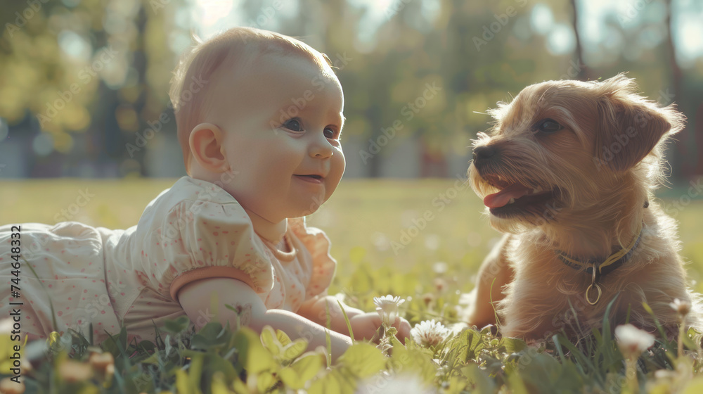 cute baby with a dog in the summer park. cute baby with a dog in the summer park.