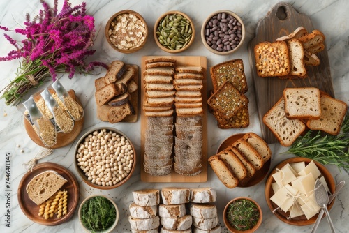 The light blue background provides a pleasing contrast to the neatly arranged various bread types and baked goods, viewed from above.