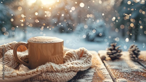 A steaming mug of hot cocoa wrapped in a knitted scarf  placed on a frosty wooden table with pine cones  under a snowy bokeh effect.  Steamy Winter Cocoa in Festive Outdoor Setting  