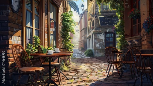Charming Alleyway Cafe Setting with Morning Coffee An inviting cafe table with a coffee cup in a charming, sunlit cobblestone alley adorned with greenery and flowers. 