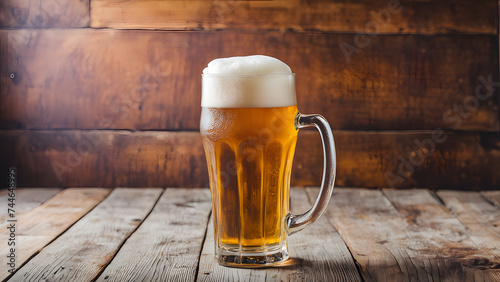 Foamy Beer Delight: Refreshing Brew on Wooden Table with Wood Grain Background