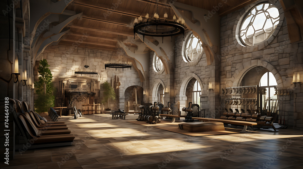 A gym interior for a medieval castle great hall fitness center, with castle-inspired workouts and castle architecture.