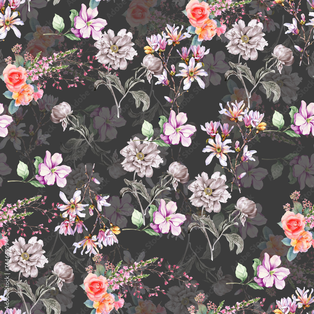 Seamless floral pattern with peonies on light background, watercolor. 
