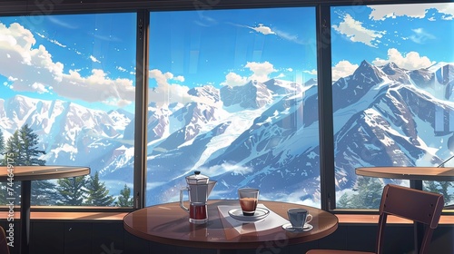 Enjoy a fresh brew in a high-altitude café, where the stunning vista of snow-covered peaks stretches endlessly beyond the expansive windows. Alpine Coffee Experience with Breathtaking Mountain View