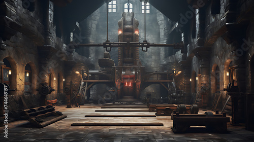 A gym interior for a medieval castle dungeon fitness center, with dungeon-inspired workouts and castle architecture. photo