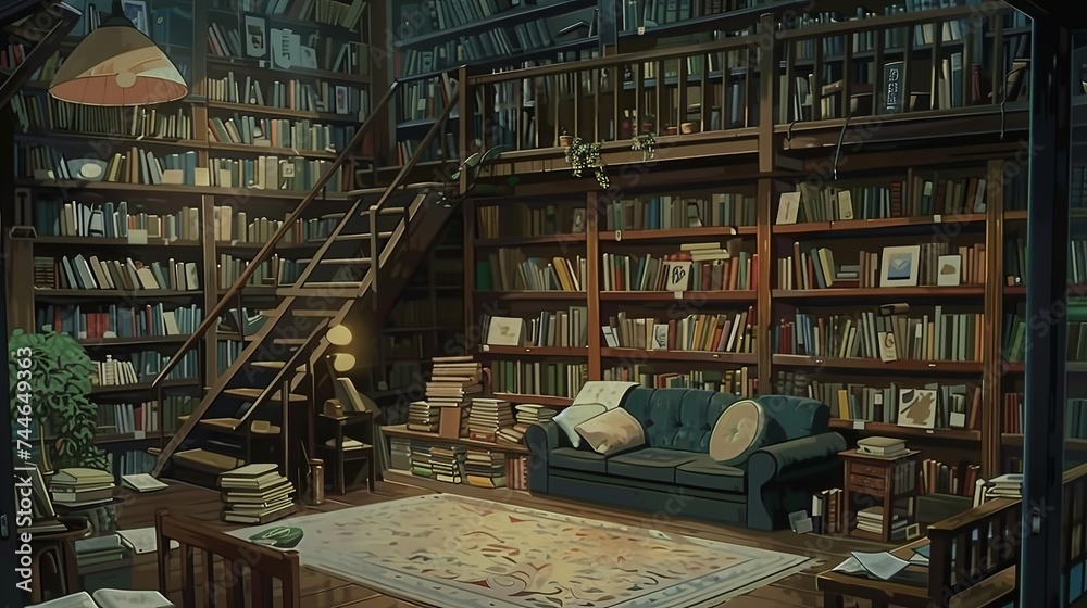 Obraz premium An intimate and cozy library corner with towering bookshelves, a rolling ladder, and a comfortable reading couch. 