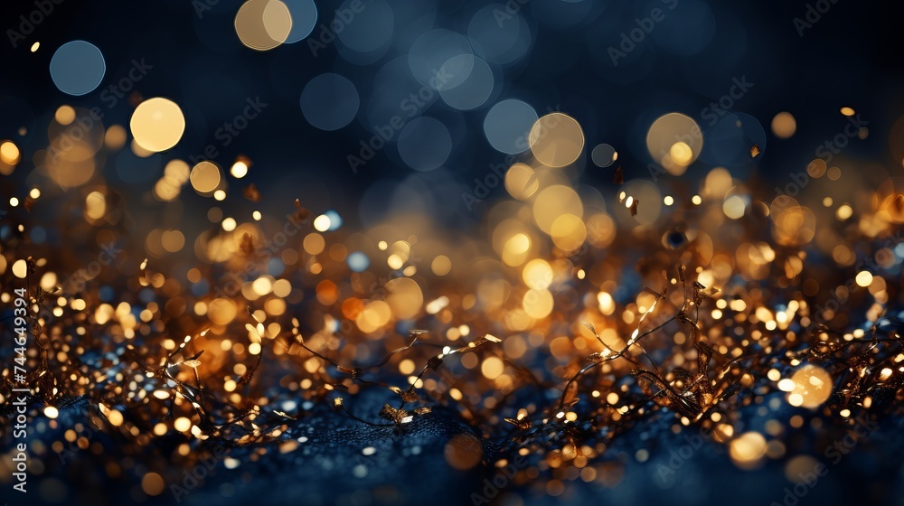 Blue and gold particle background with golden light shine particles and bokeh on navy blue.