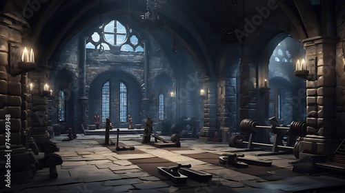 A gym interior for a medieval castle dungeon fitness center  with dungeon-inspired workouts and castle architecture.