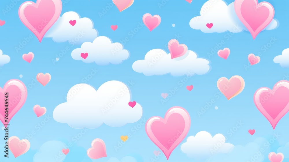 Whimsical seamless pattern with cute little hearts and fluffy clouds in a charming design