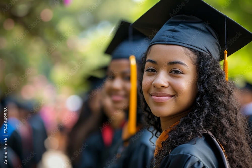 Estudiante negra o de color universitaria sonriente en graduación