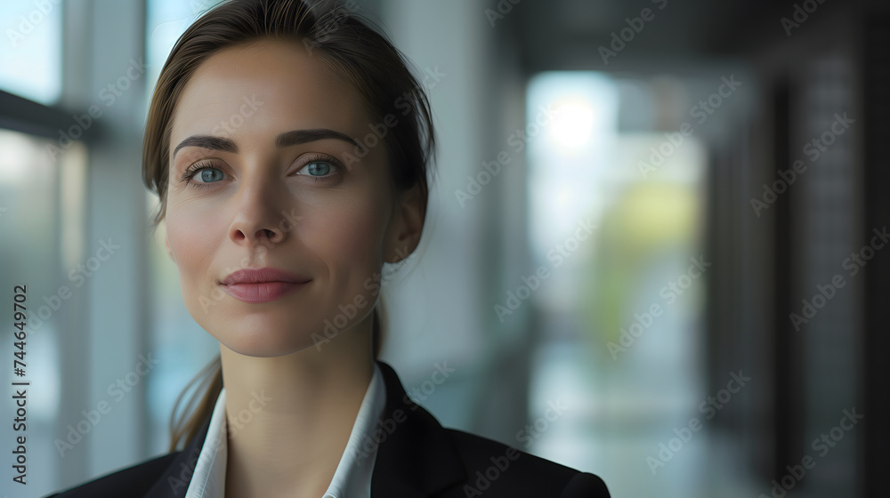 Portrait of a confident businesswoman with blank space for text. Background for the Women's Day campaign in a professional color tone. A white woman wearing a black suit on a blurred background.