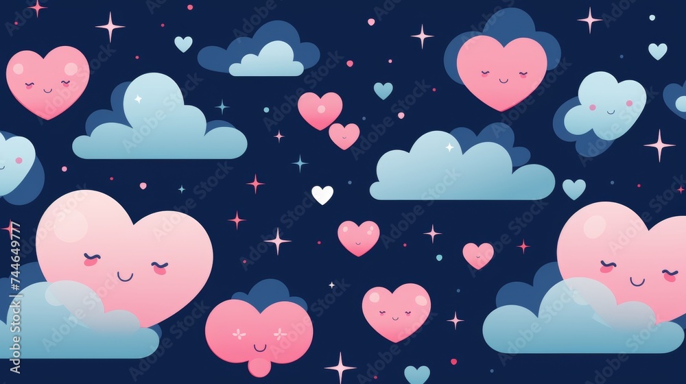 Aesthetic pattern with cute hearts and clouds in kawaii style for backgrounds and designs