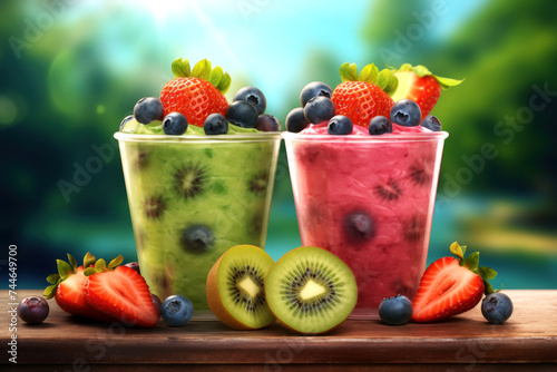 Savor the freshness  Two delicious fruit smoothies bursting with strawberries  kiwis  and blueberries  perfect for a healthy summer treat.