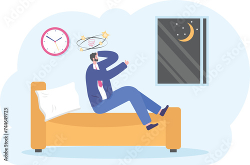 Tired businessman coming home late at night after hard work day, illustrator vector cartoon drawing

