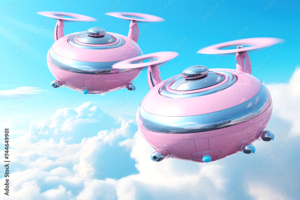 Sleek futuristic drones soar among clouds Sleek futuristic drones soar among clouds