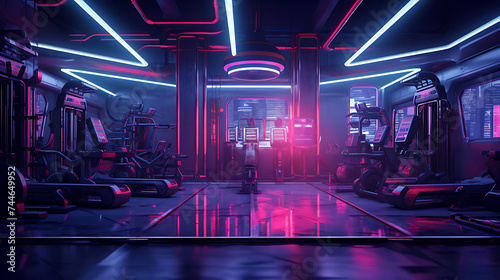A gym interior for a retro cyberpunk city fitness center  with neon lights and futuristic workout equipment.
