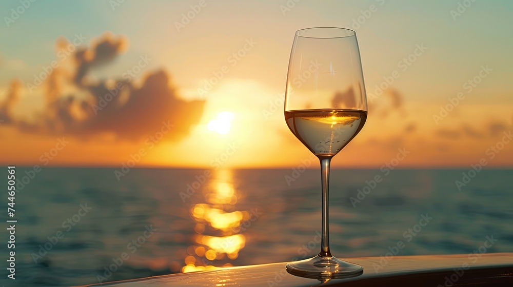Elegant white wine glass capturing the golden light of a setting sun over the ocean, offering a tranquil end to the day on a boat. Golden Sunset Wine Experience at Sea

