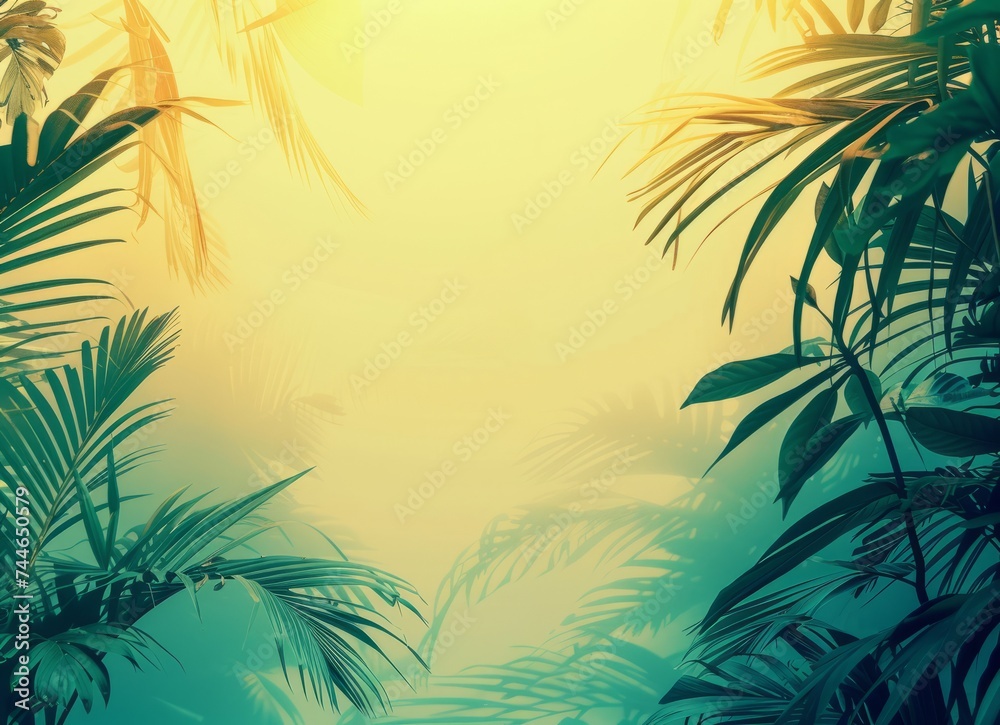 Azure sky shines through palm tree leaves casting colorful shades