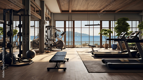 A gym interior for a seaside location, with ocean views and nautical decor. © Muhammad