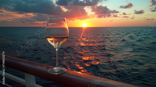 A glass of white wine catches the fading light of a sunset, poised on the rail of a boat overlooking the calm sea. Sunset Wine Toast at Sea