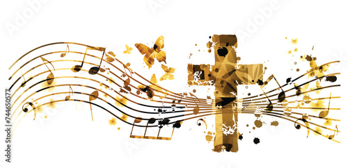 Creative music style template vector illustration, golden cross with music staff and notes background.  photo