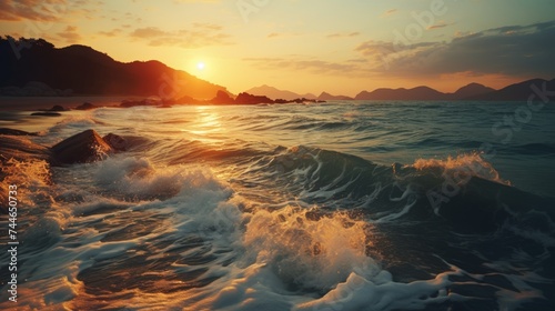 Breathtaking realistic sunset panorama of beach with waves in distant sea under colorful sky