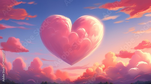 Dreamy pink heart shape floating in the sky among fluffy white clouds on a sunny day © AminaDesign
