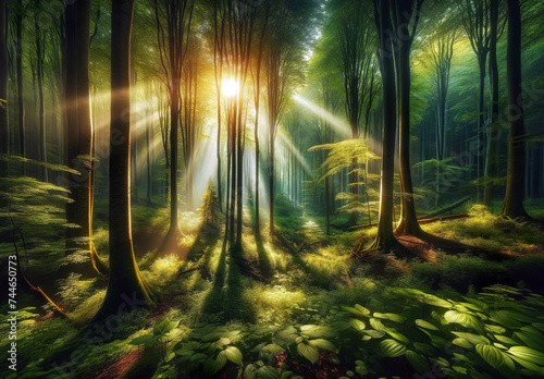 The sun's rays piercing through the dense foliage of a verdant forest, creating a magical atmosphere with a soft glow on the forest floor.Forest beauty concept.AI generated.