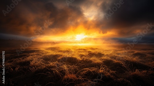 Bright yellow sunrise over the frozen grass field early in the morning with fog and grey clouds