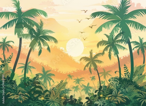 Sunset in jungle with palm trees  birds flying in sky