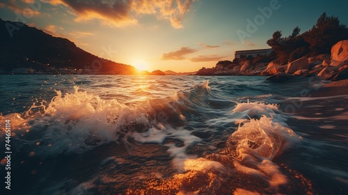 Scenic sunset over the sea with rolling waves on beach, realistic distant view of colorful sky