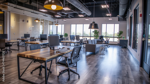 Modern Co-working Space Design  Wide Open Office Layout with Stylish Furniture and Natural Light  Contemporary Work Environment  Spacious and Inviting Shared Workspace with Individual and Group Areas