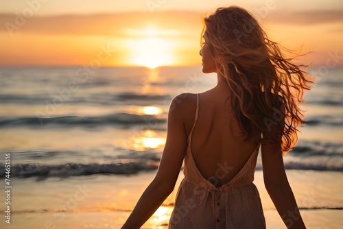 Happy free woman smiling and enjoying the windy moment with opening arms on seashore, sunset. Inner balance, happiness, Freedom destination, travel, mental health, positivity, enjoy the life concept.