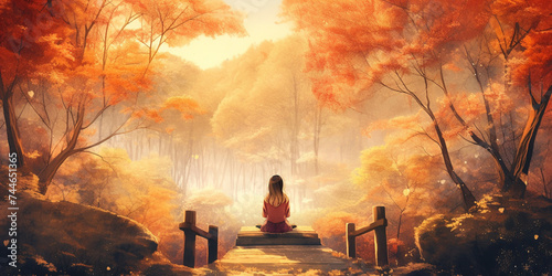 Woman meditating in yoga lotus pose back view in bridge in gorgeous autumn fall forest colorful landscape illustration