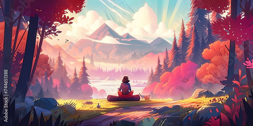 Woman meditating in yoga lotus pose in gorgeous forest colorful landscape with lake and mountains illustration photo