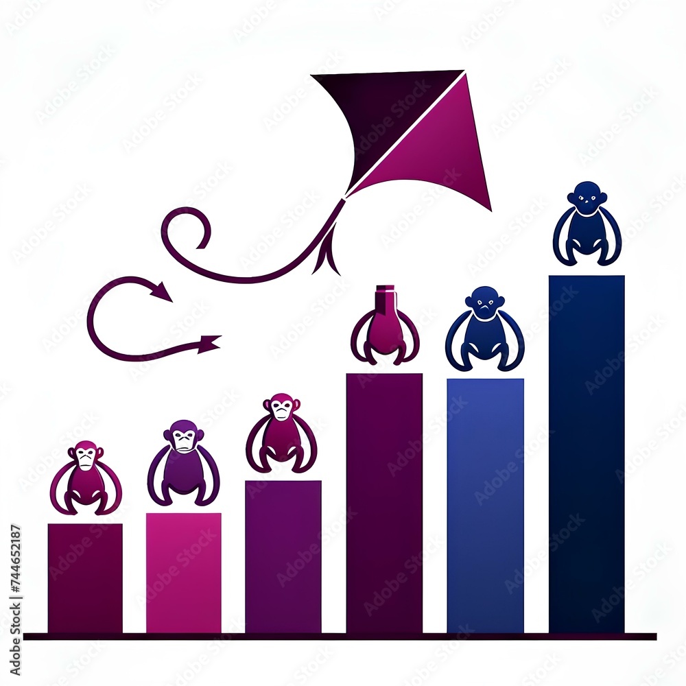 illustration or icon denoting improvement in a business or financial context, Include a maroon rising kite, soaring upwards, positioned above three spires of increasing height illustration or icon denoting improvement in a business or financial context, Include a maroon rising kite, soaring upwards, positioned above three spires of increasing height