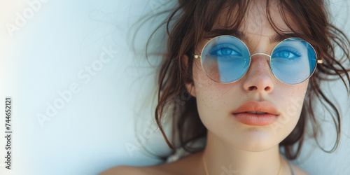 jeune femme en gros plan portant des lunettes de soleil rondes bleuté photo