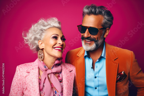 Stylish senior couple rocking bold fashion against a vibrant pink backdrop