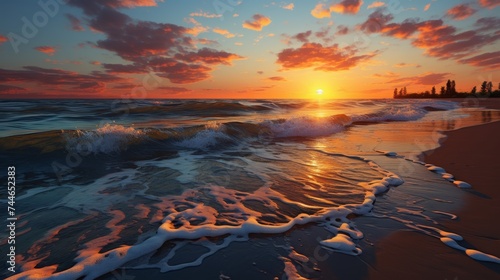 Realistic sunset seascape with gentle waves on distant sandy beach under colorful sky