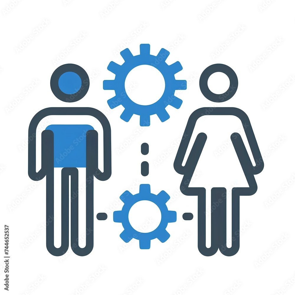 icon with two human figures standing side by side, Between them is a blue gear or cog symbol icon with two human figures standing side by side, Between them is a blue gear or cog symbol