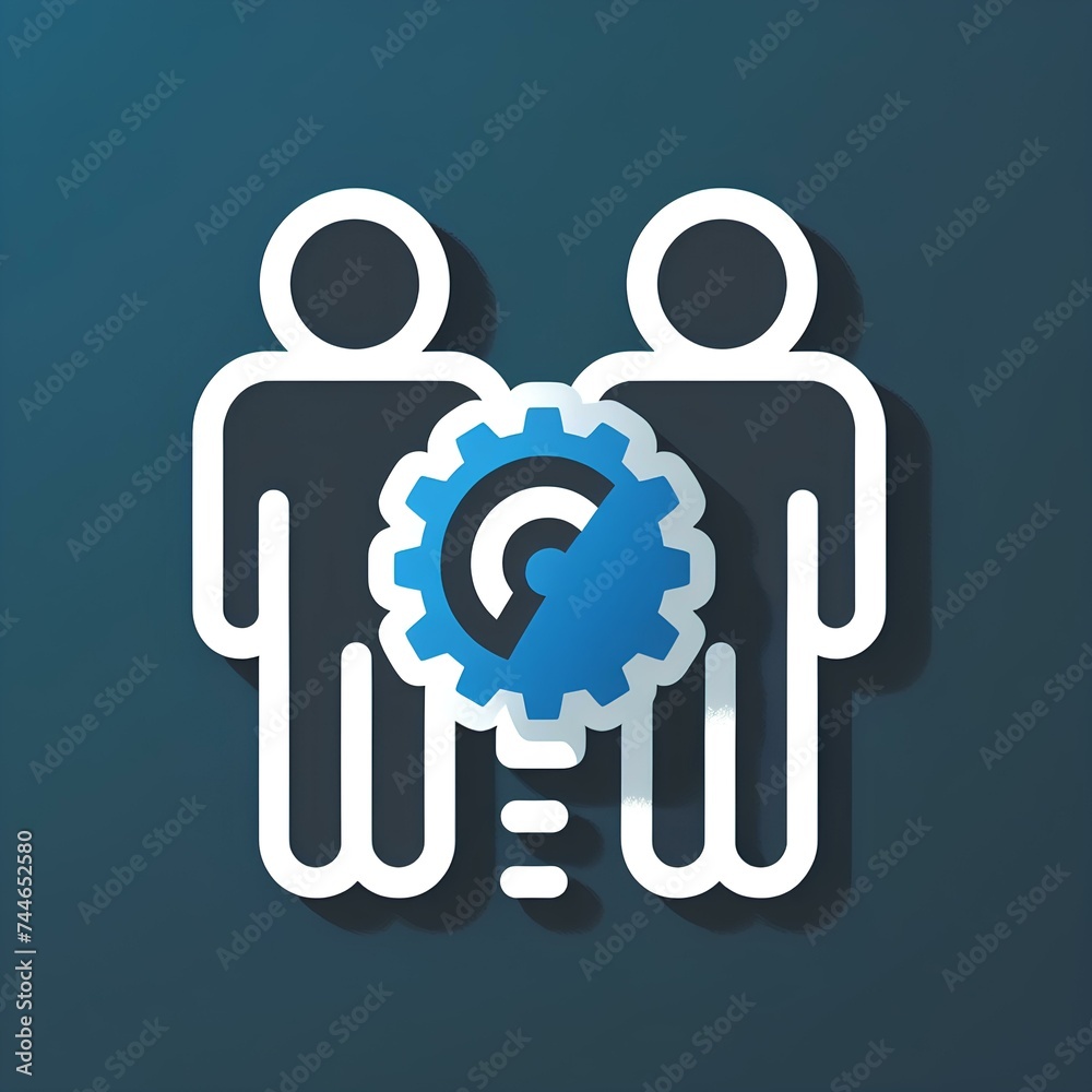 icon with two human figures standing side by side, Between them is a blue gear or cog symbol icon with two human figures standing side by side, Between them is a blue gear or cog symbol