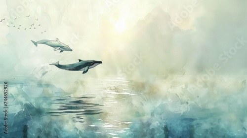 Majestic whales gliding, soft watercolor blend, serene ocean --ar 16:9 --v 6 © Wavezaa