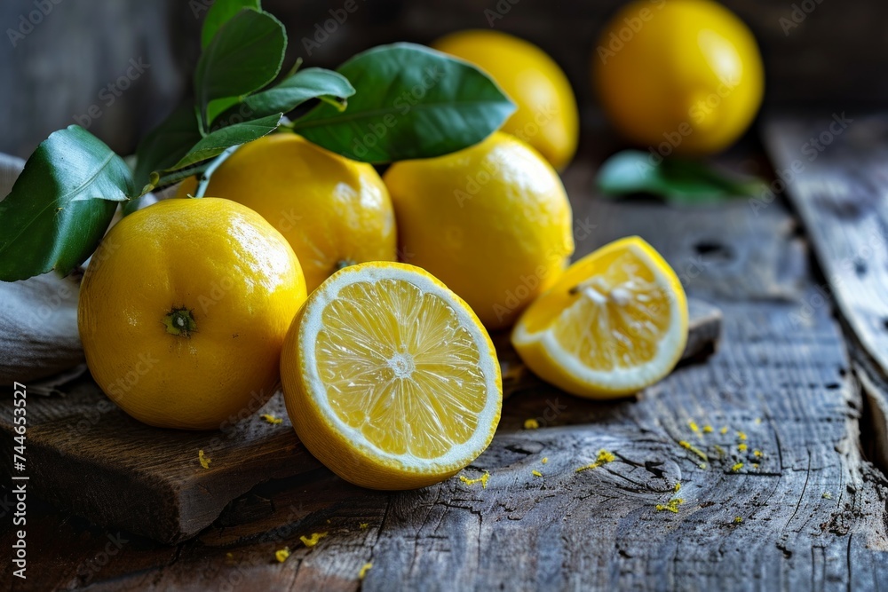 Limones amarillos enteros y cortados en tabla