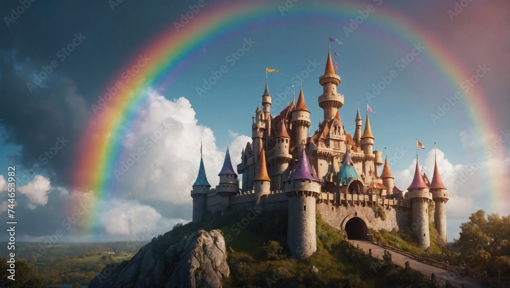 Whimsical fairy tale castle in a magical kingdom with turrets, drawbridges, and a rainbow in the sky. Suitable for children's stories. 