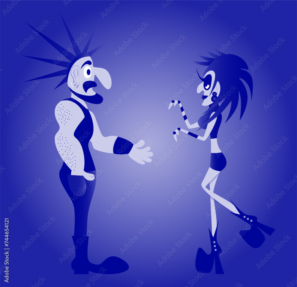 Funny man wearing black jacket invites a punk girl to dance. Punk rock people flat vector illustration isolated on bright background.