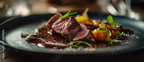 Perfectly seared steak slices on a dark plate, accented with colorful garnishes and a balsamic glaze