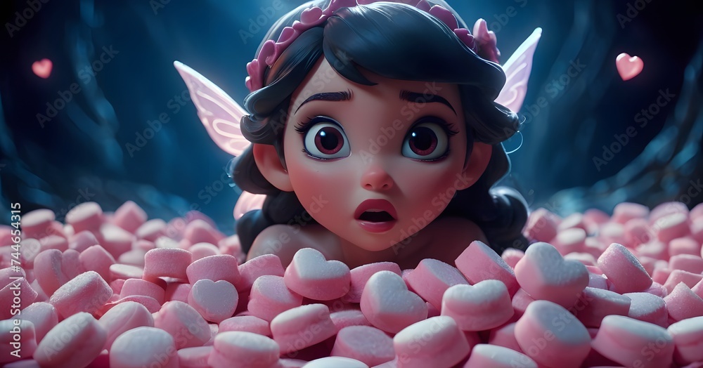 A tiny fairy child with dark hair and pink wings expresses shock amidst a marshmallow flood. Her cherubic face reflects the innocent wonder of a fantastical candy encounter. - obrazy, fototapety, plakaty 